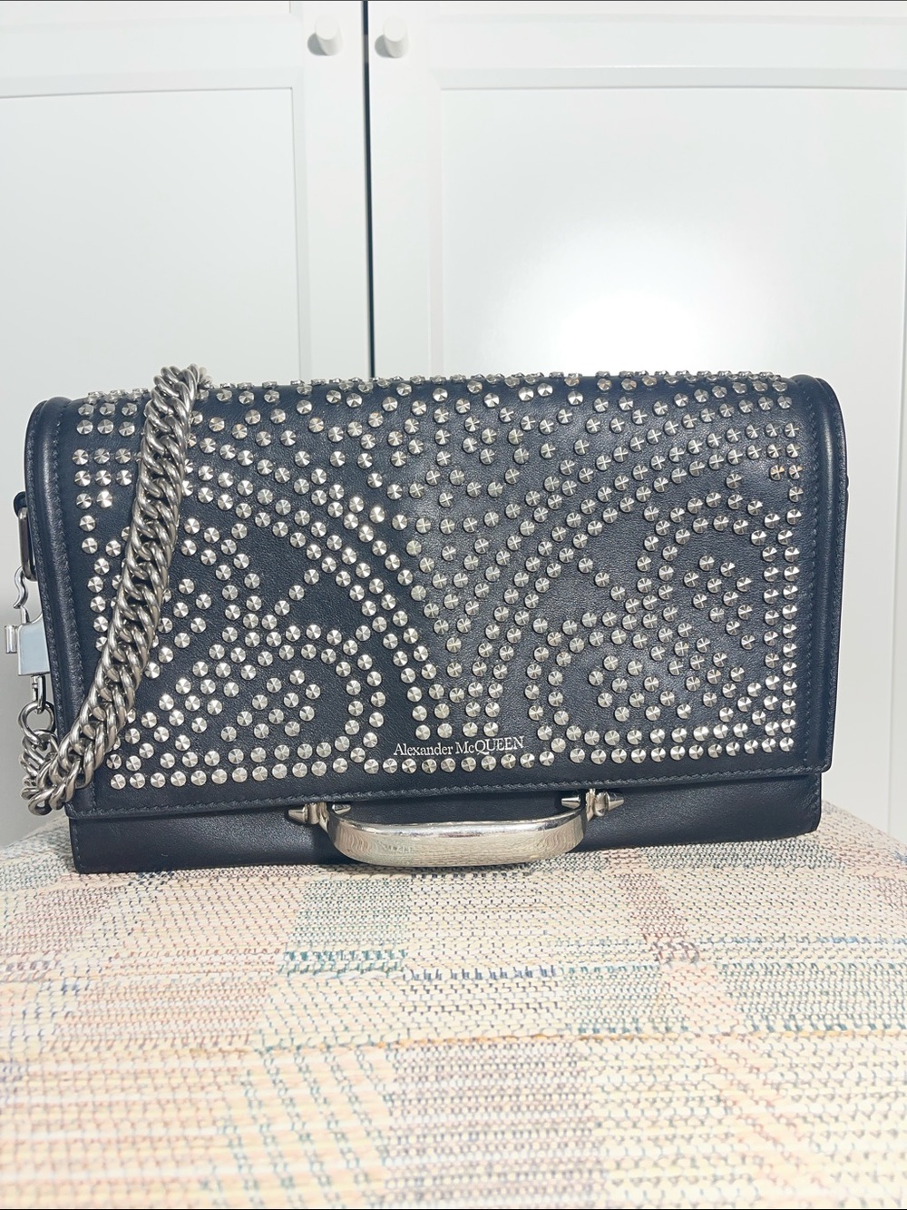 Alexander McQueen Black Leather Shoulder Bag with Silver Studs